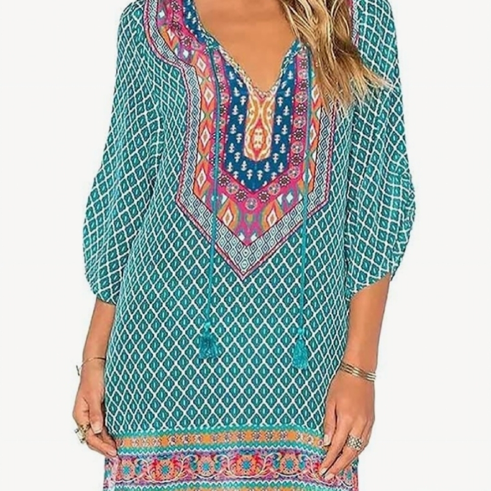 Urban Coco Floral Aztec Diamond Boho Kaftan Mini Beach Festival Dress Small Teal